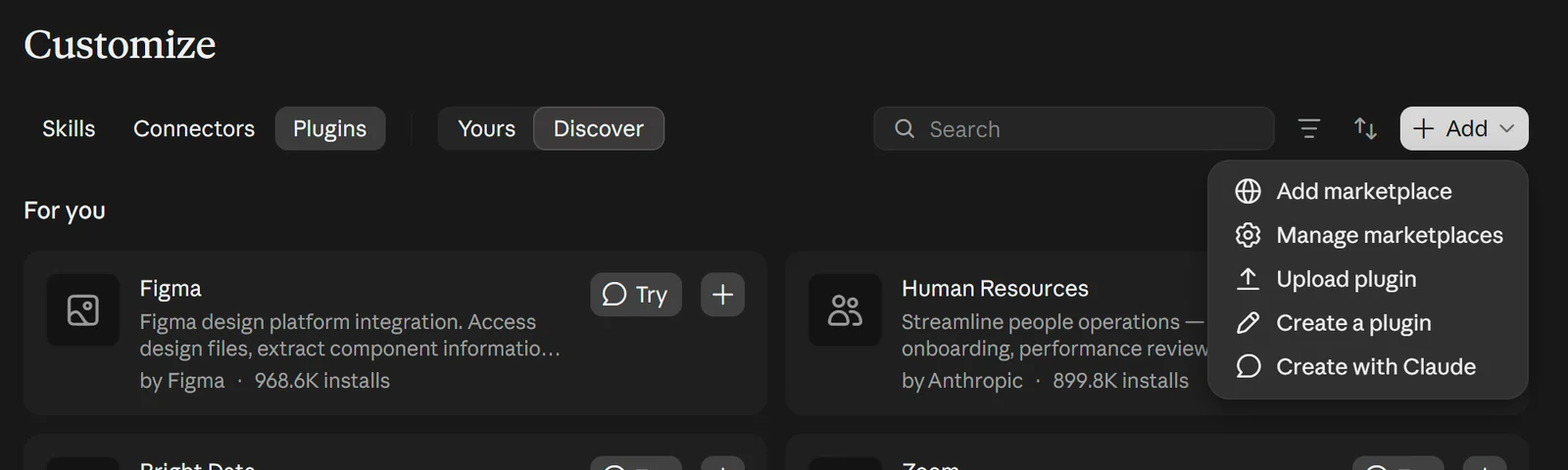 The Add menu. Choose Add marketplace